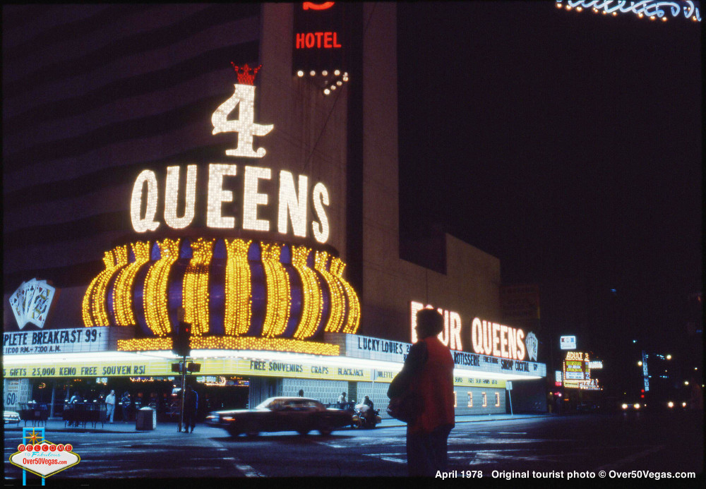 Stunning neon signage on the Four Queens from April 1978   Original tourist photo © Over50Vegas.com