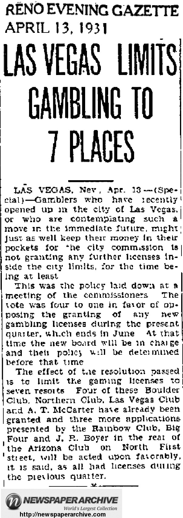 1931 Las Vegas resolution to limit new gambling licenses. 