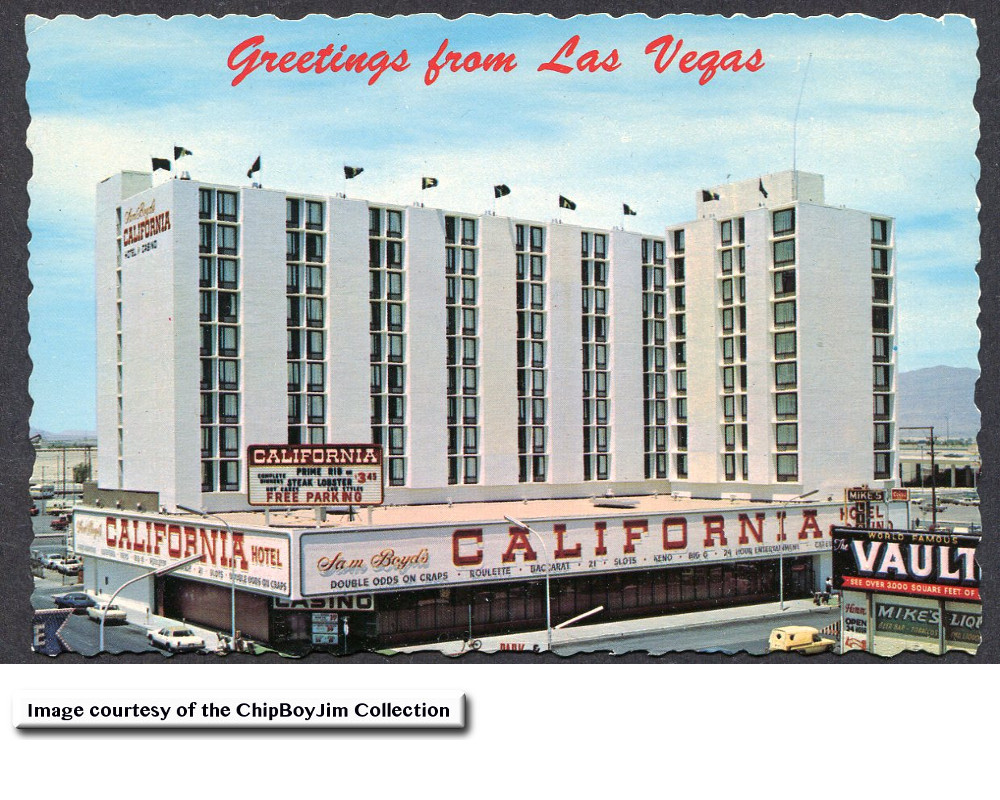 A great view of the new California Hotel and Casino. Also shown in the lower right is the Vault Casino.
This would help date this postcard as 1975 to 1976. Thanks to ChipBoyJm for sharing this with us. 