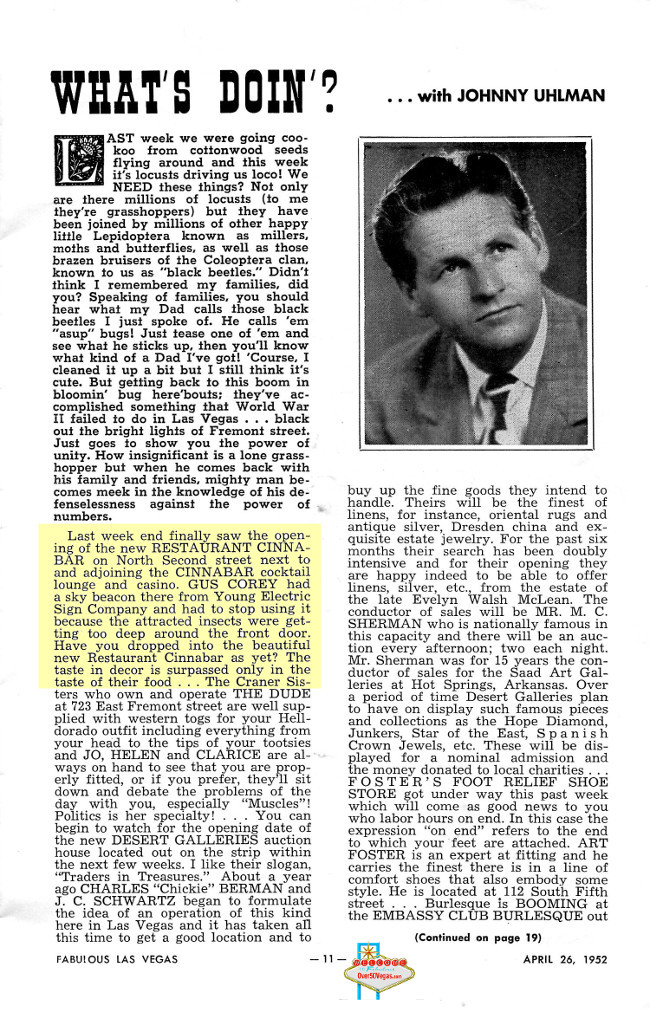 Article from 1952 about the Cinnabar on North Second street Las Vegas 