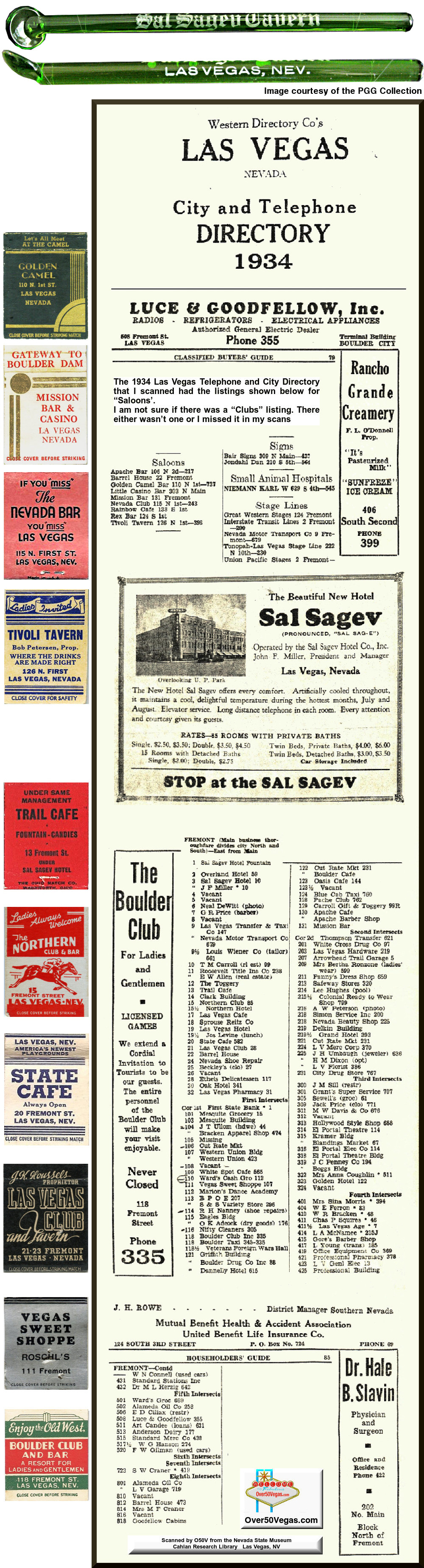 1934 Las Vegas City and Telephone Directory listings for Clubs 