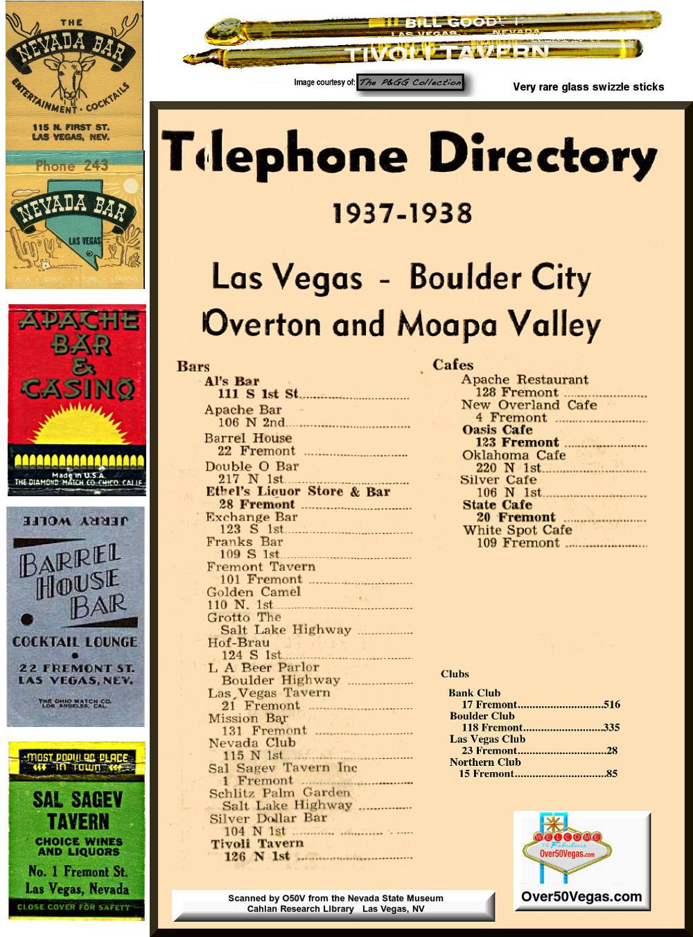 1937-1938 Las Vegas Telephone Directory listings for Clubs 
