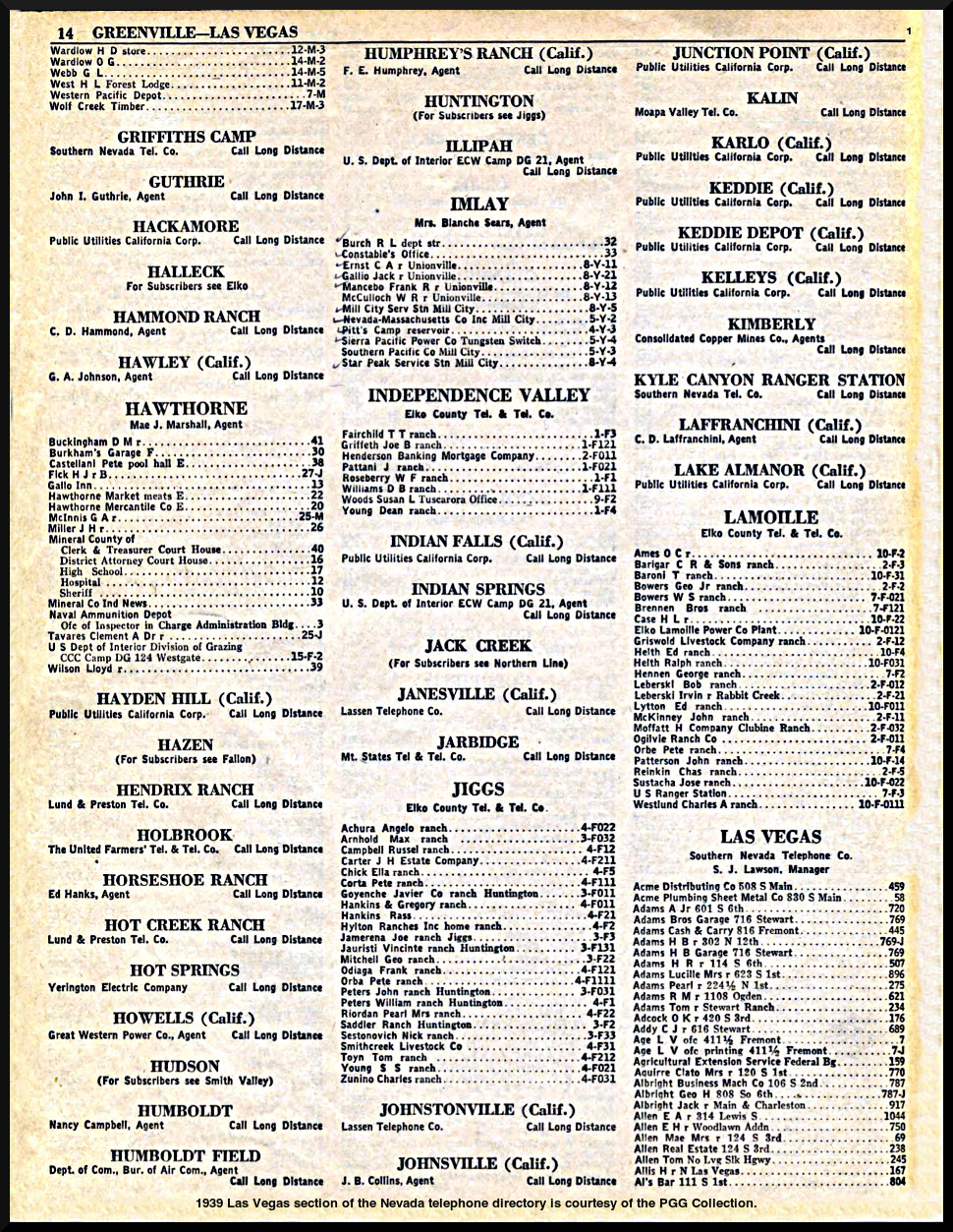1939 Las Vegas Telephone Listings 