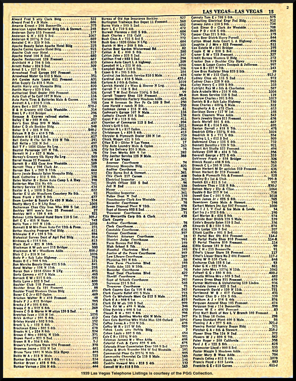 1939 Las Vegas Telephone Listings