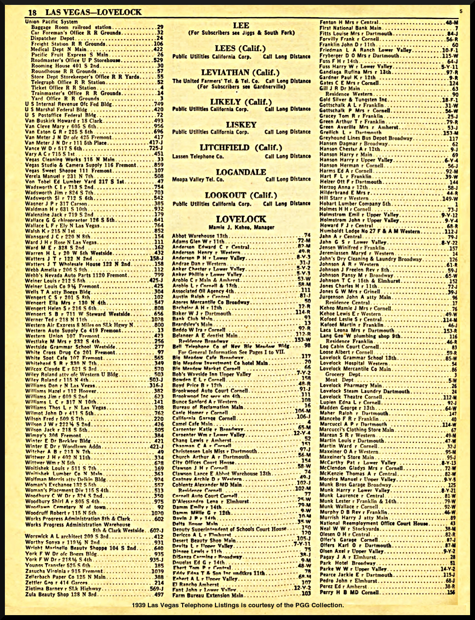 1939 Las Vegas Telephone Listings is courtesy of the PGG Collection.