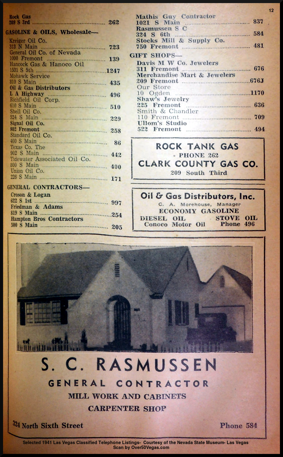 Selected 1941 Las Vegas Classified Telephone Listings-  Courtesy of the Nevada State Museum- Las Vegas         
Scan by Over50Vegas.com