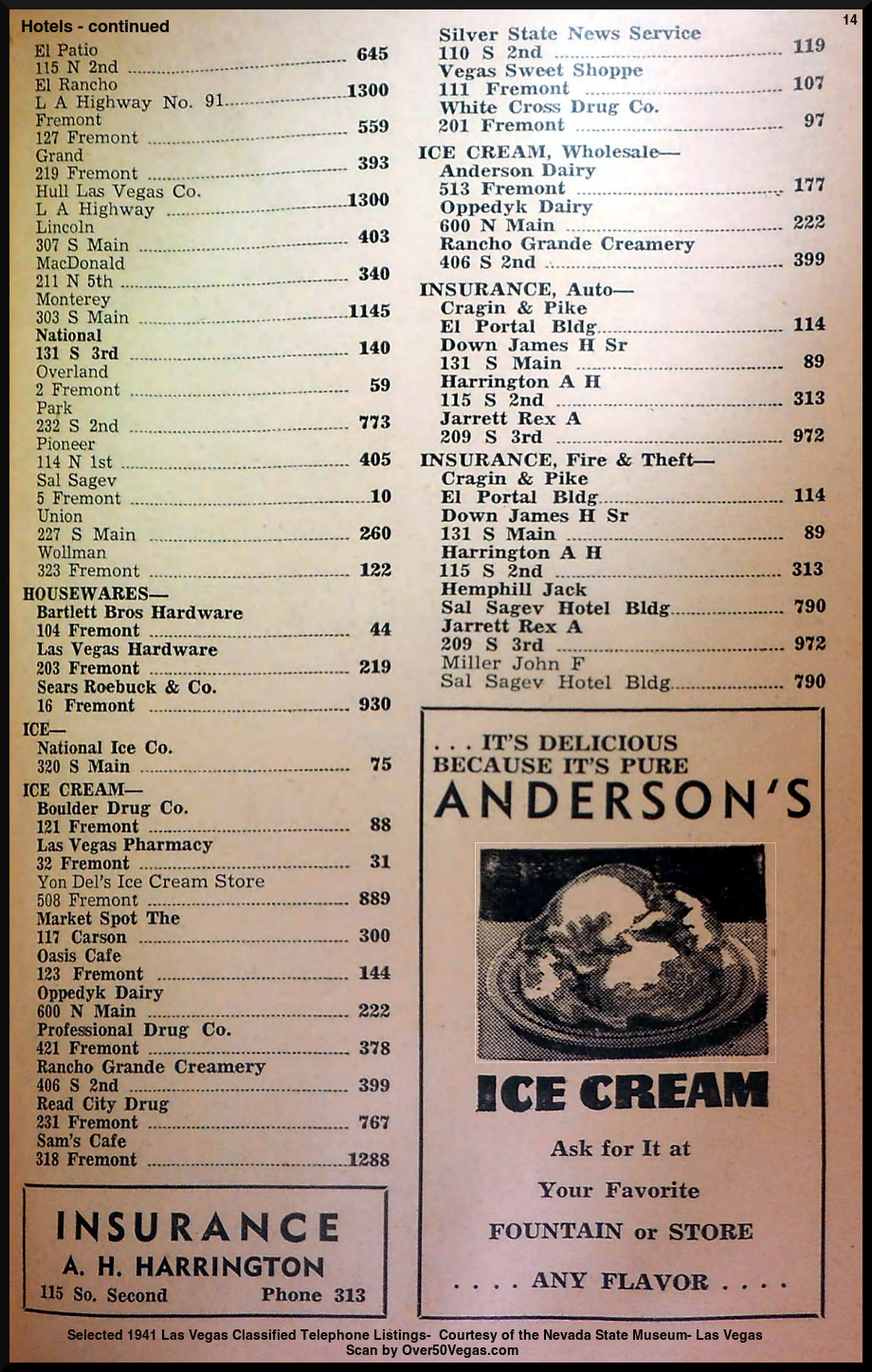 Selected 1941 Las Vegas Classified Telephone Listings-  Courtesy of the Nevada State Museum- Las Vegas         
Scan by Over50Vegas.com