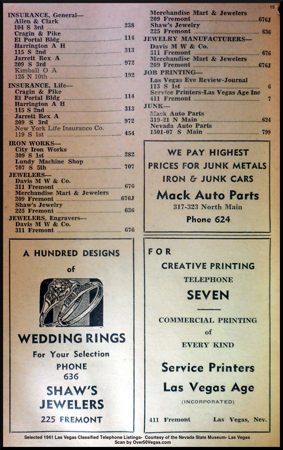 Selected 1941 Las Vegas Classified Telephone Listings-  Courtesy of the Nevada State Museum- Las Vegas         
Scan by Over50Vegas.com