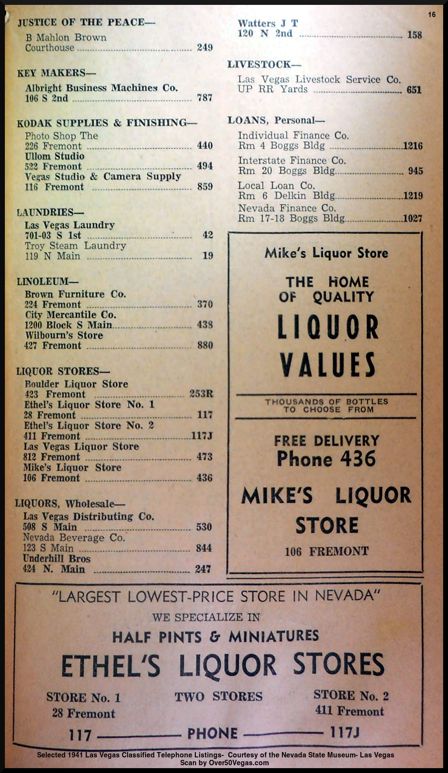 Selected 1941 Las Vegas Classified Telephone Listings-  Courtesy of the Nevada State Museum- Las Vegas         
Scan by Over50Vegas.com