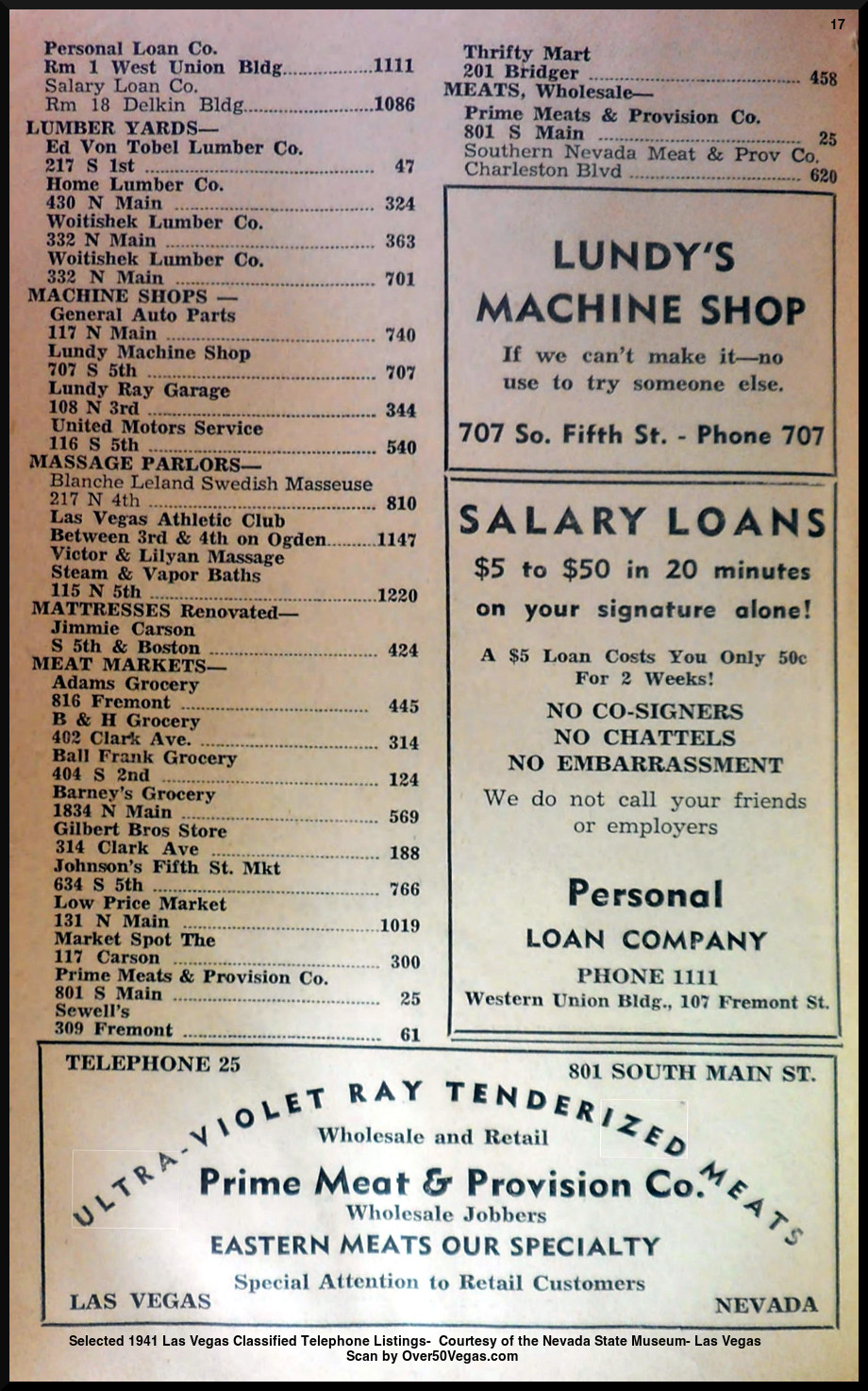 Selected 1941 Las Vegas Classified Telephone Listings-  Courtesy of the Nevada State Museum- Las Vegas         
Scan by Over50Vegas.com