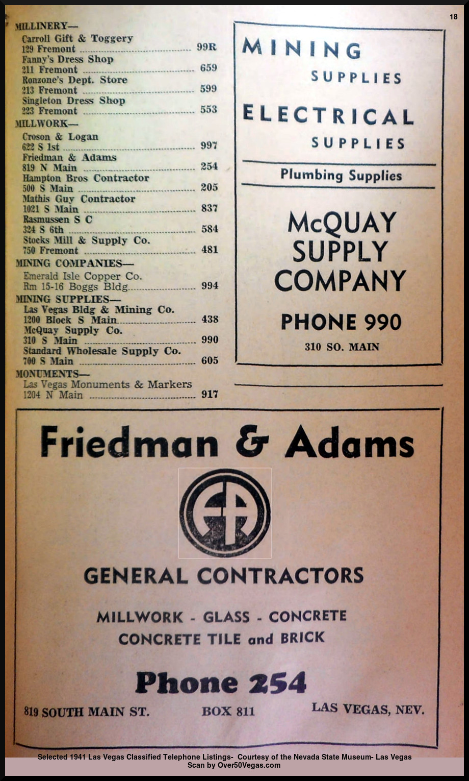 Selected 1941 Las Vegas Classified Telephone Listings-  Courtesy of the Nevada State Museum- Las Vegas         
Scan by Over50Vegas.com