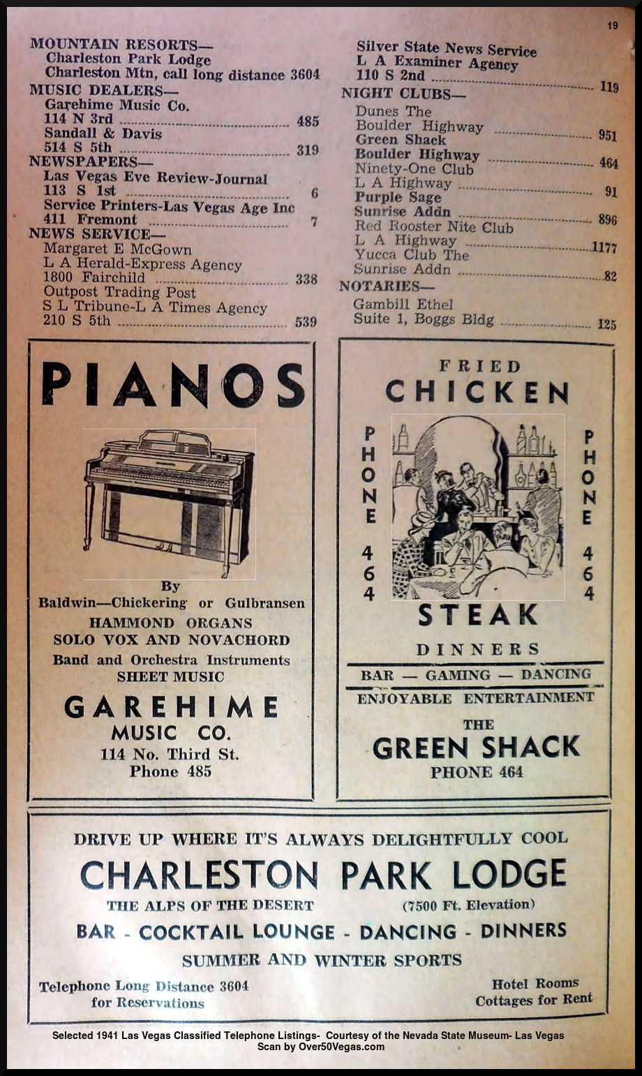 Selected 1941 Las Vegas Classified Telephone Listings-  Courtesy of the Nevada State Museum- Las Vegas         
Scan by Over50Vegas.com