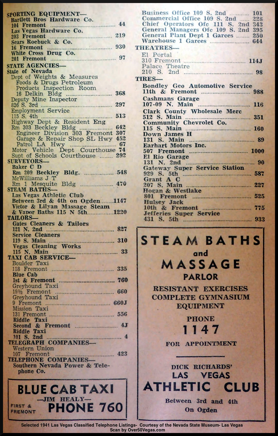 Selected 1941 Las Vegas Classified Telephone Listings-  Courtesy of the Nevada State Museum- Las Vegas         
Scan by Over50Vegas.com