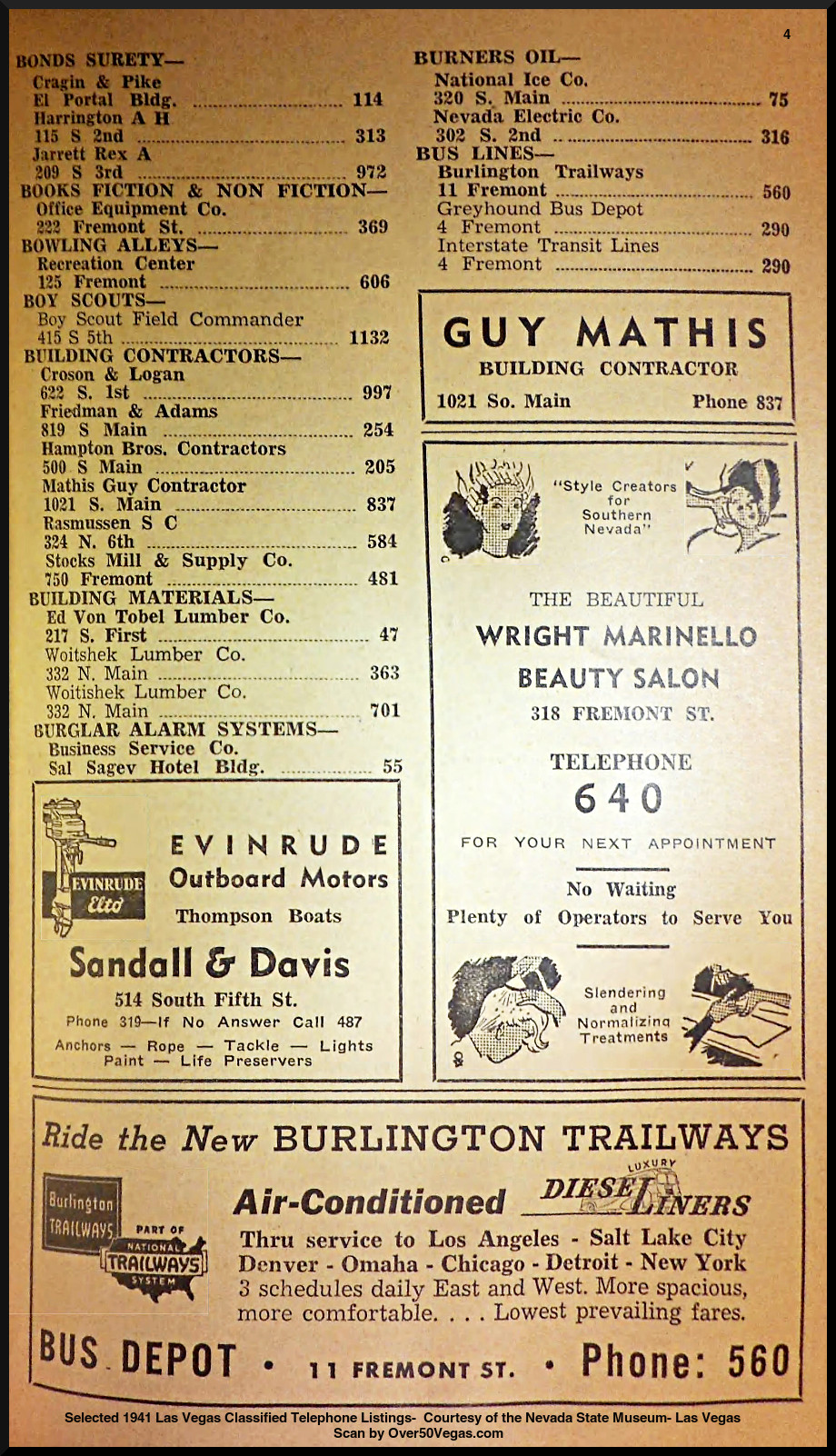Selected 1941 Las Vegas Classified Telephone Listings-  Courtesy of the Nevada State Museum- Las Vegas         
Scan by Over50Vegas.com