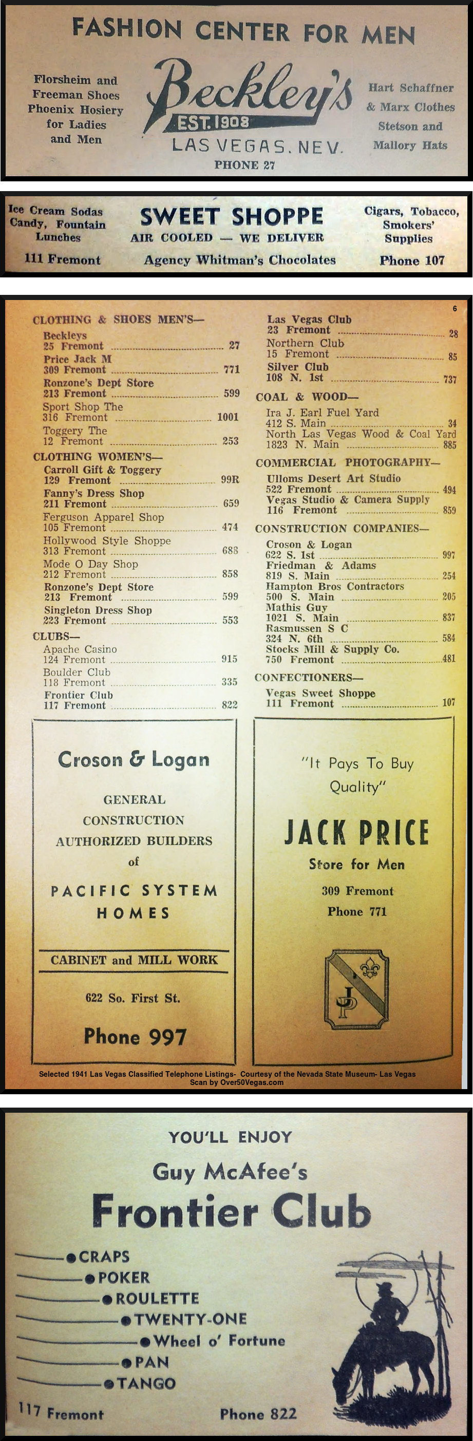 Selected 1941 Las Vegas Classified Telephone Listings-  Courtesy of the Nevada State Museum- Las Vegas         
Scan by Over50Vegas.com