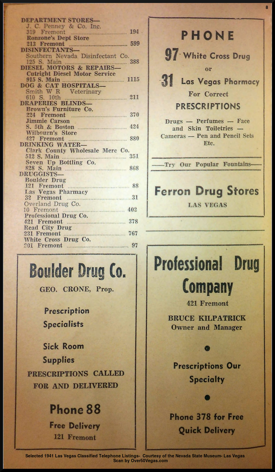 Selected 1941 Las Vegas Classified Telephone Listings-  Courtesy of the Nevada State Museum- Las Vegas         
Scan by Over50Vegas.com