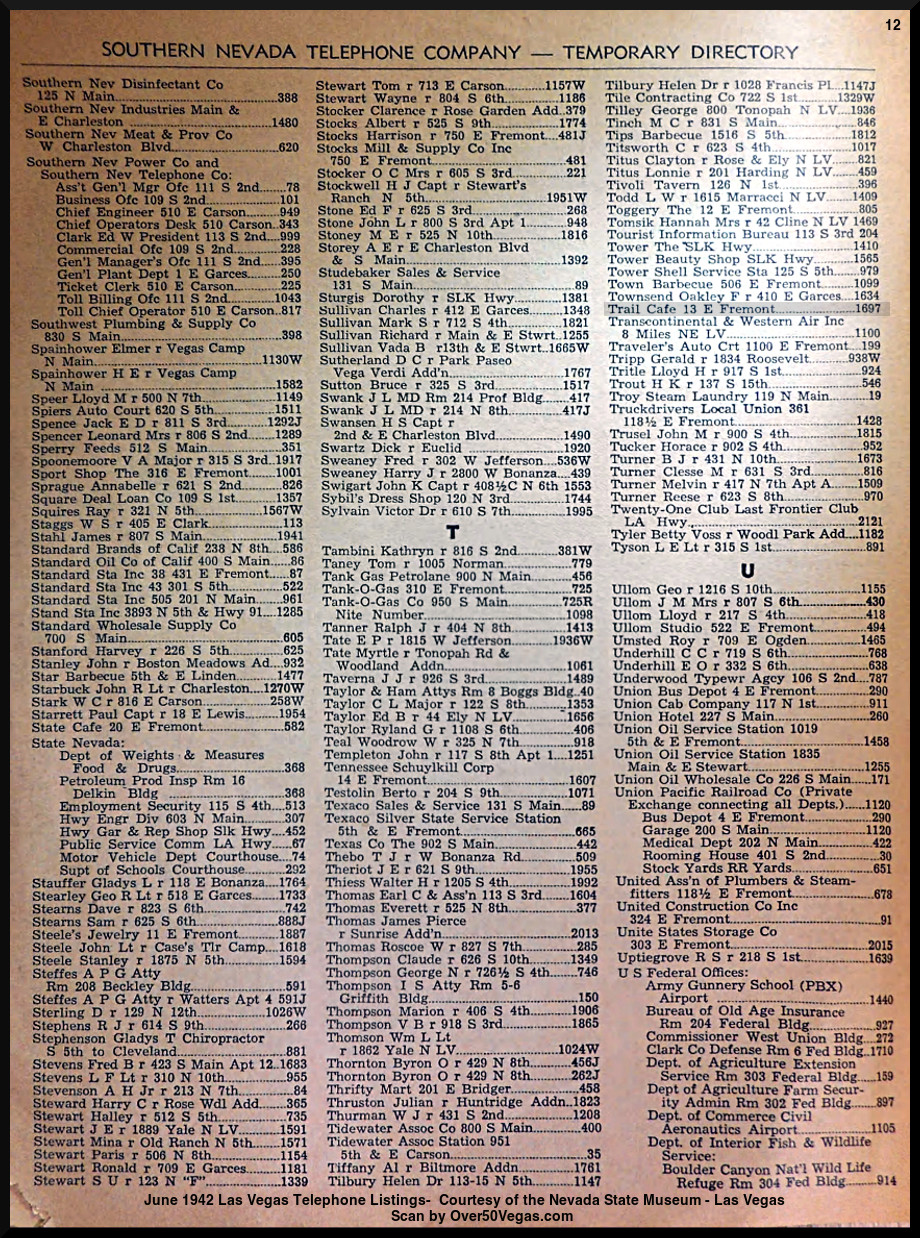 June 1942 Las Vegas Telephone Listings-12  Courtesy of the Nevada State Museum - Las Vegas         
Scan by Over50Vegas.com