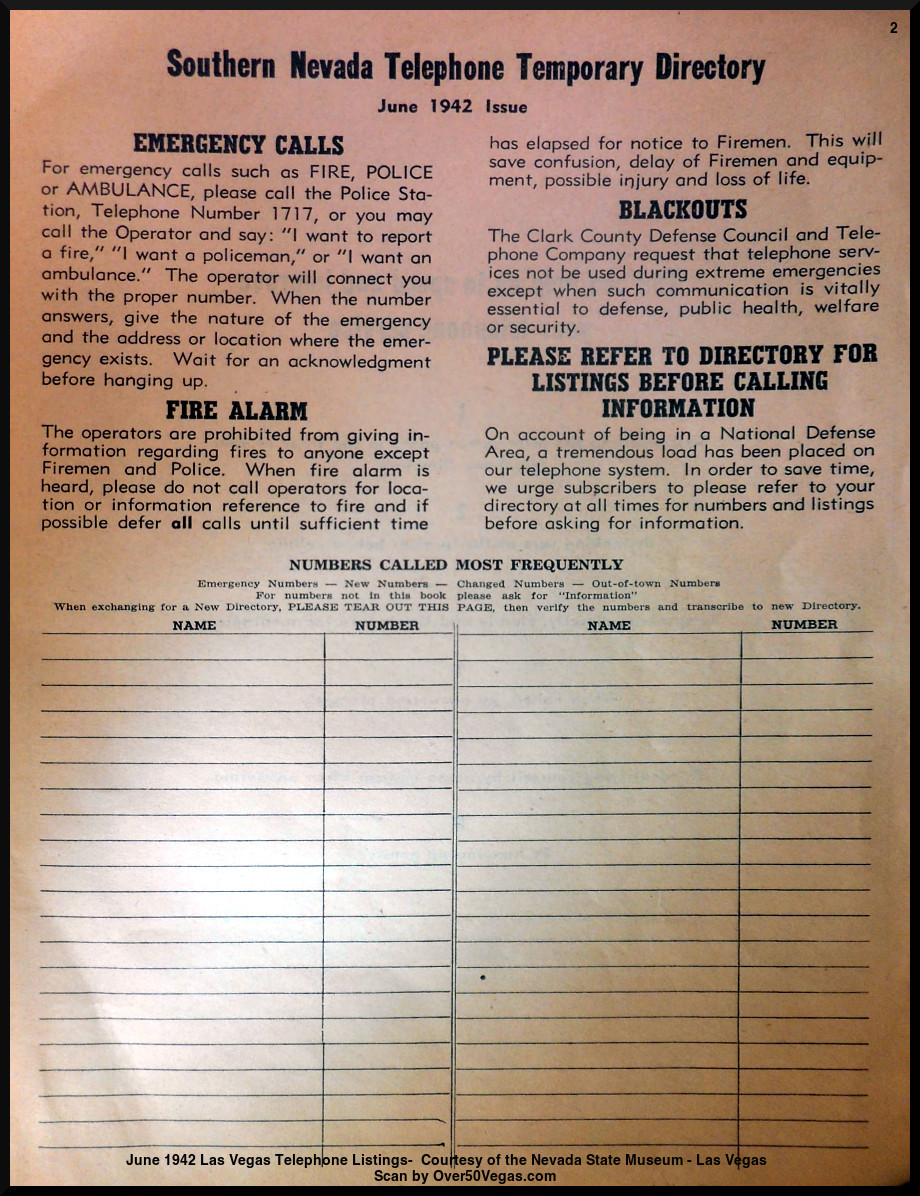 June 1942 Las Vegas Telephone Listings-2-  Courtesy of the Nevada State Museum - Las Vegas         
Scan by Over50Vegas.com