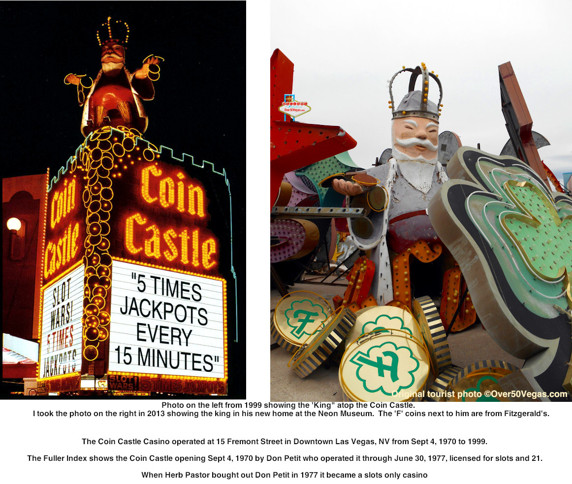 The glittering lights of the Coin Castle Casino on Fremont Street in downtown Las Vegas in the 1970's.
