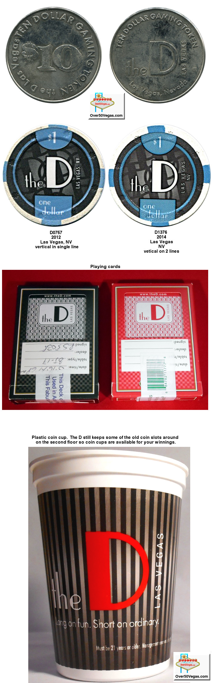 The D Las Vegas token, chips, playing cards and coin cup