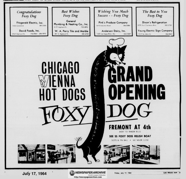 “Grand Opening” advertisement for the downtown location of the Foxy Dog.