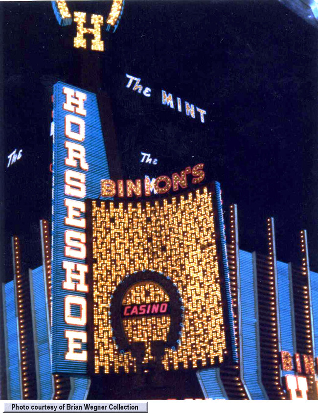 Night shot of Binion's Horseshoe showing the Mint Tower by Brian Wegner