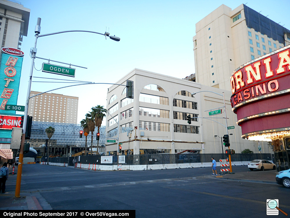 Click here to enlarge and see more detail.      
The outside walls of the Las Vegas Club parking garage are still standing in mid-September 2017. 