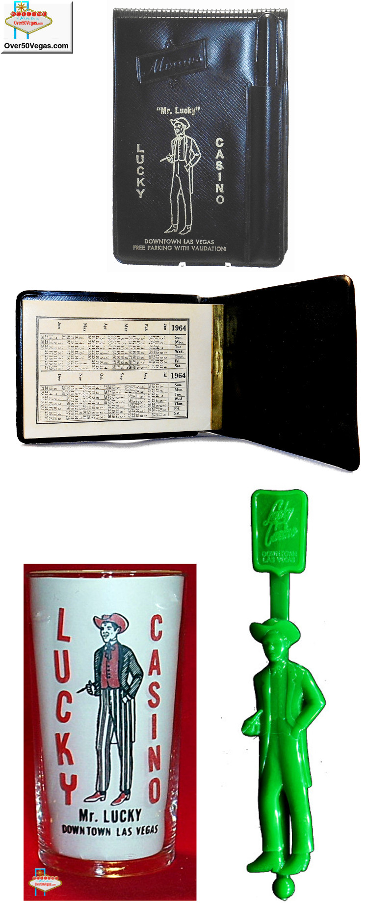 Mr. Lucky is prominently displayed on a 1964 calendar memo book, a drinking glass and a colorful swizzle stick.