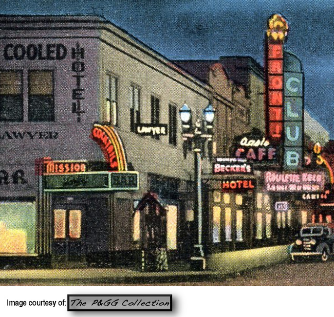 Looking down Fremont street in the late 30's from the Mission Casino you can also see the Frontier Club and the Oasis Cafe.