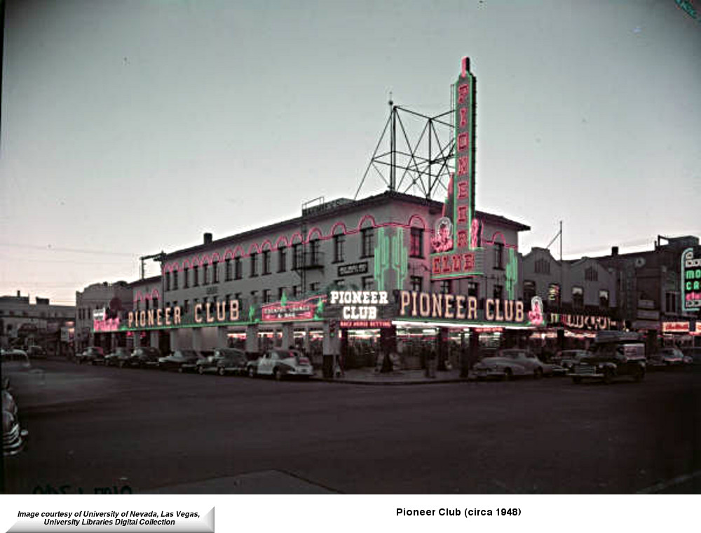 A rare color transparency of the Pioneer Club circa 1948. To the far right you can just see the Monte Carlo sign.