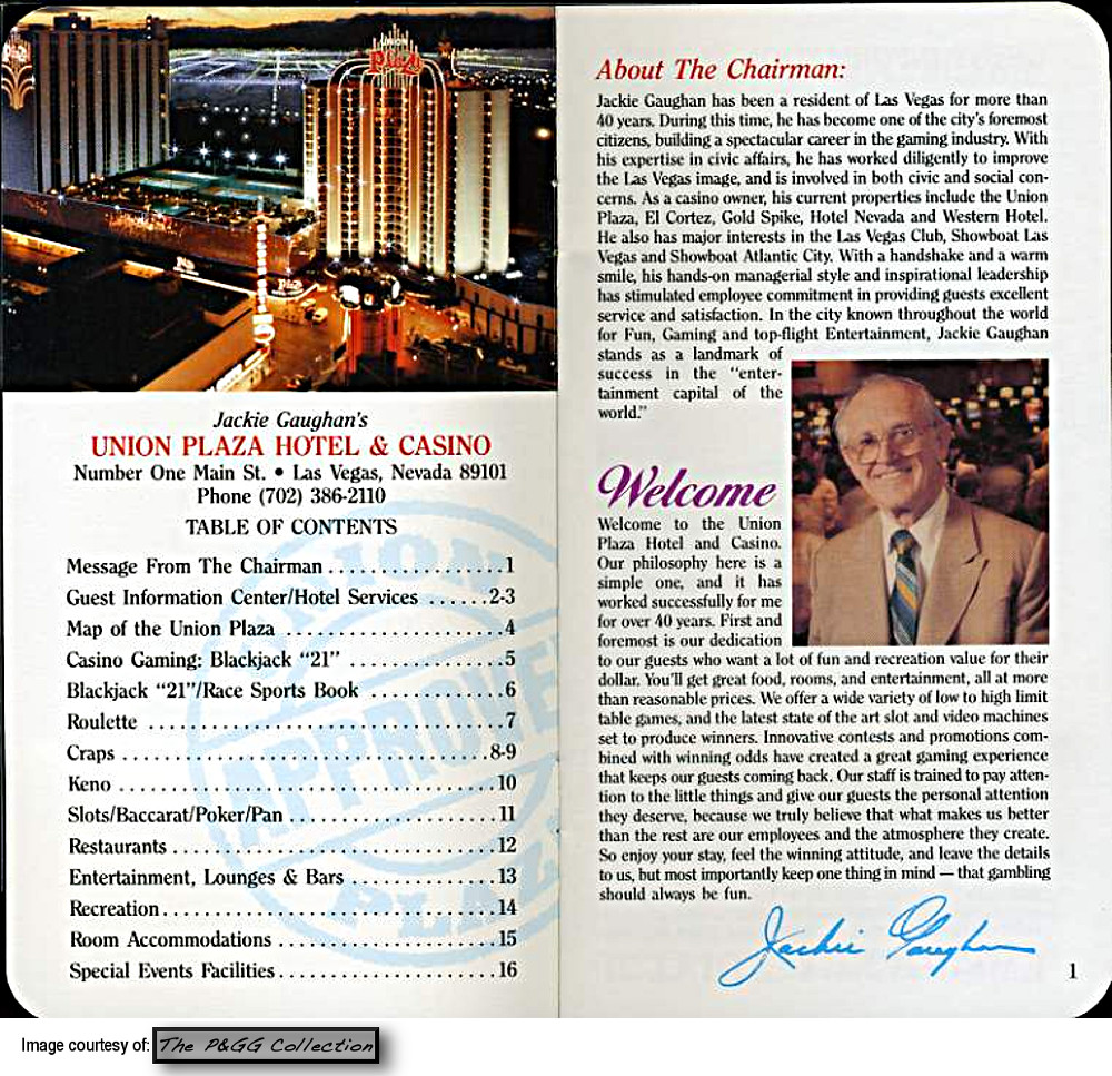 An information booklet for guests staying at Jackie Gaughan’s Union Plaza