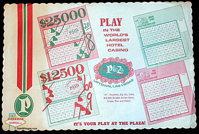 A paper placemat from the Union Plaza advertising Keno play.