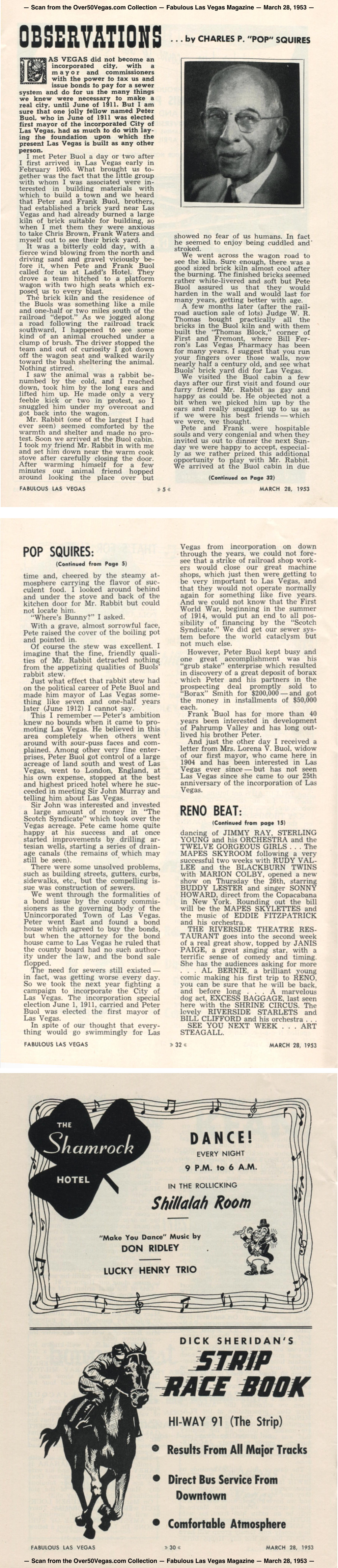 Observations by Pop Squires — Fabulous Las Vegas Magazine —  March 28, 1953