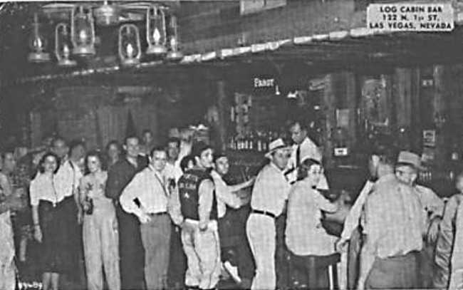 An unsourced photo or postcard showing the interior of the Log Cabin Bar at 122 N. 1st Street in downtown Las Vegas 